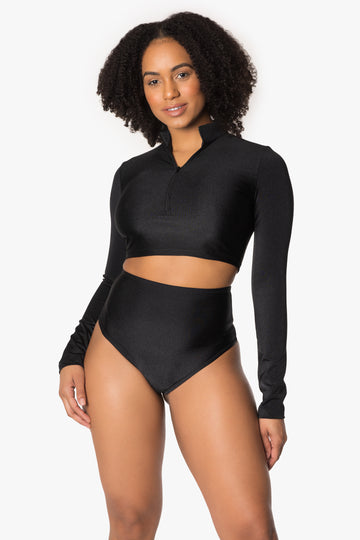 Black Long Sleeve Zipper Crop Top